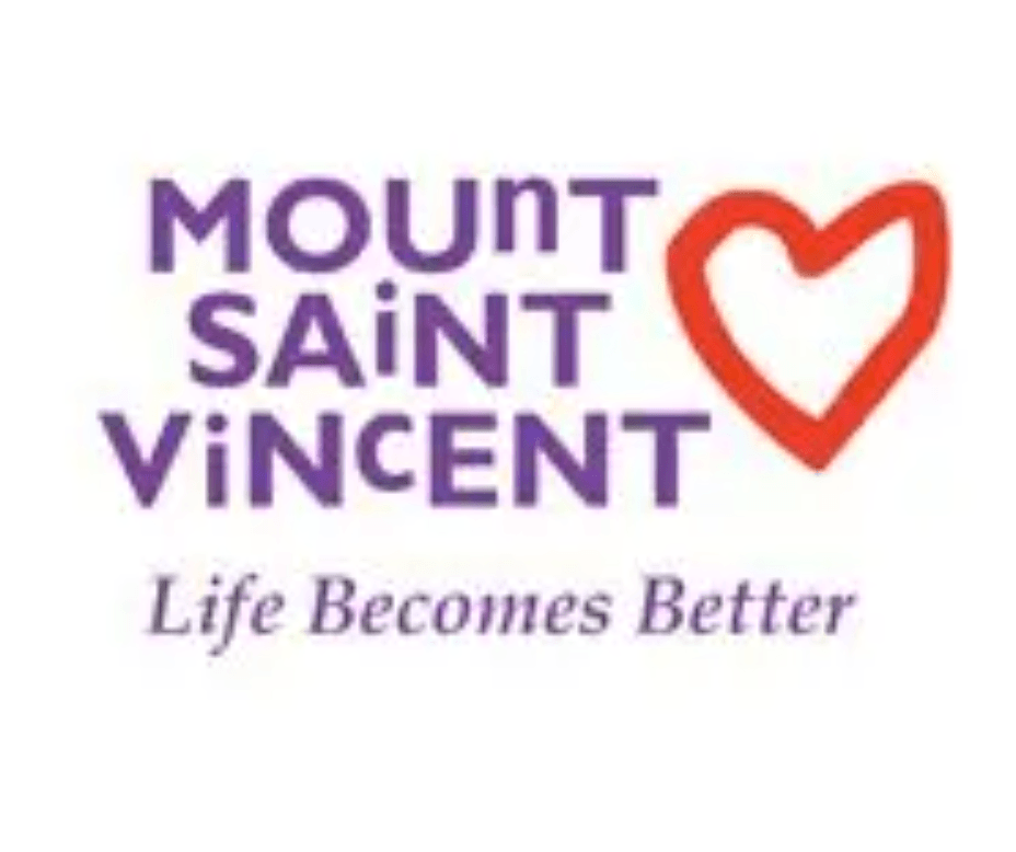 Mount Saint Vincent logo with purple text and red heart, tagline “Life Becomes Better”