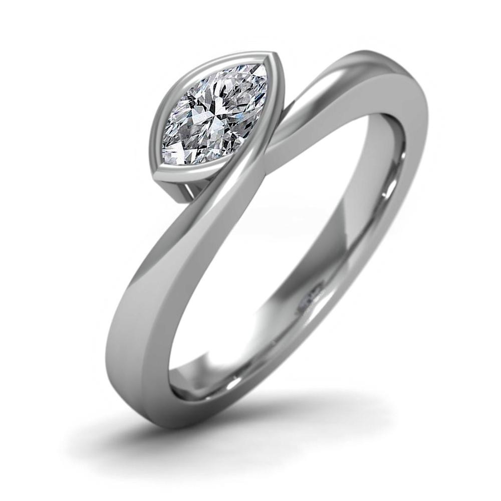 A dainty Infinity engagement ring with a small marquise diamond set across the finger