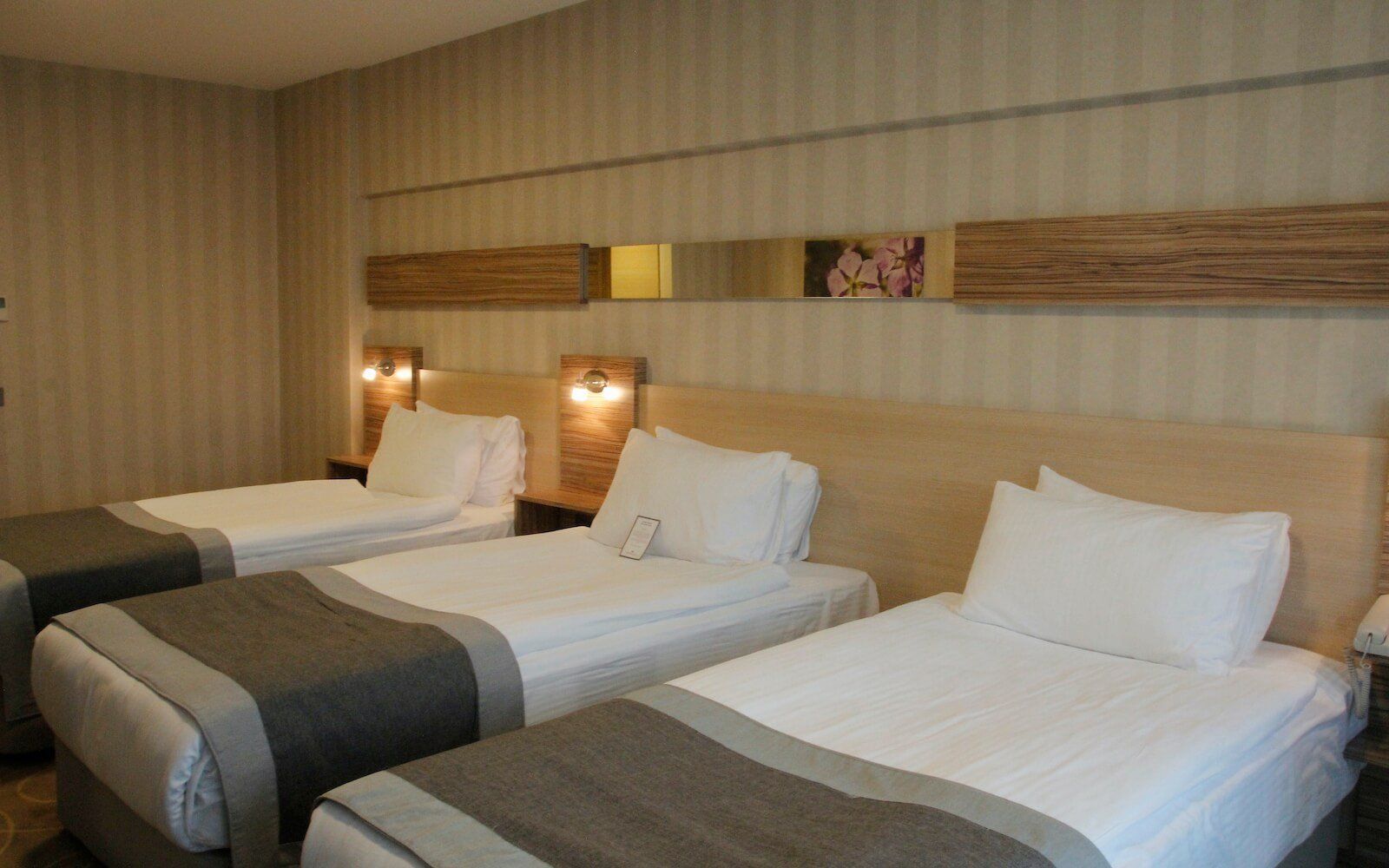 Üç yataklı ve duvarda bir ayna bulunan bir otel odası.