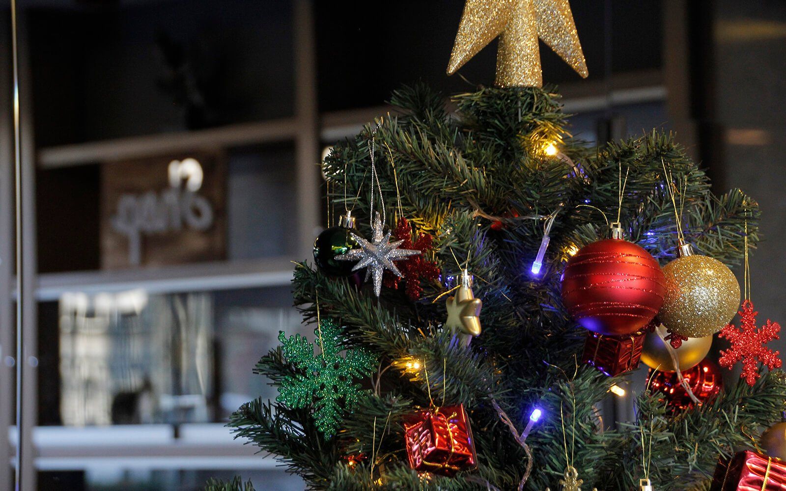 Bir binanın önündeki süslemelerle dolu bir Noel ağacının yakın çekimi.
