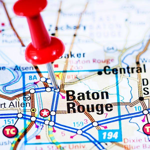 A pin in a map of Baton Rouge, LA.