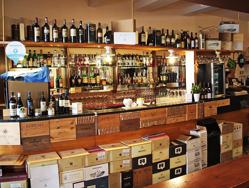 Assorted liquor and wine counter in restaurant