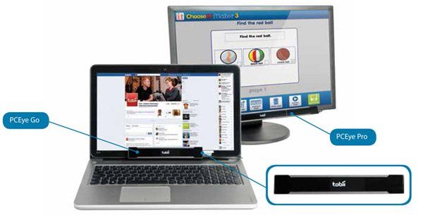 Picture of a laptop and a desktop computer with an eye gaze device attached