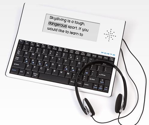 Photo of a Forte word processing device with headphones