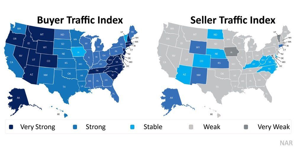 A map of the united states showing the buyer traffic index and seller traffic index