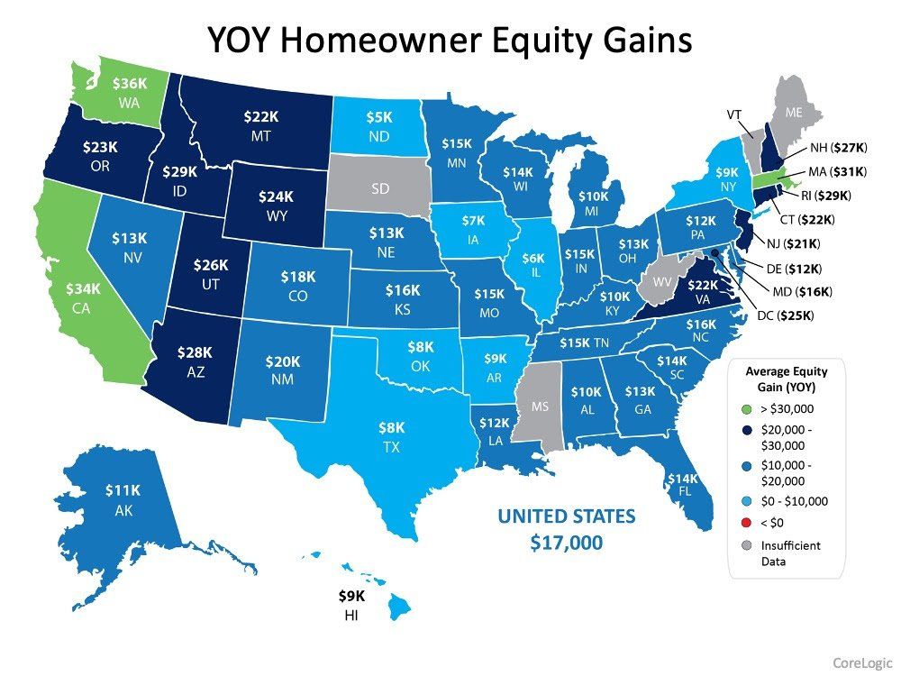 A map of the united states showing yoy homeowner equity gains