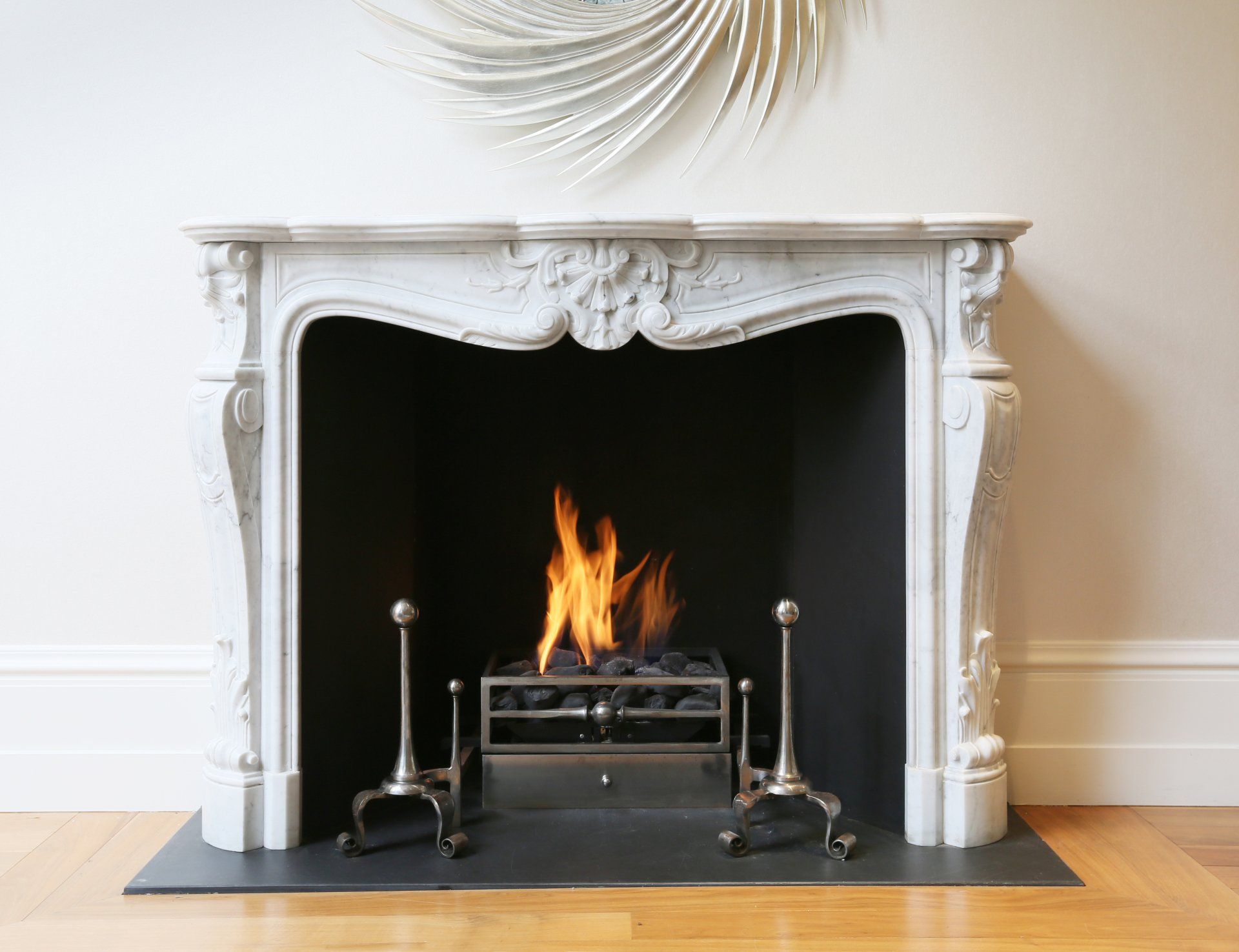 open fire in the fireplace