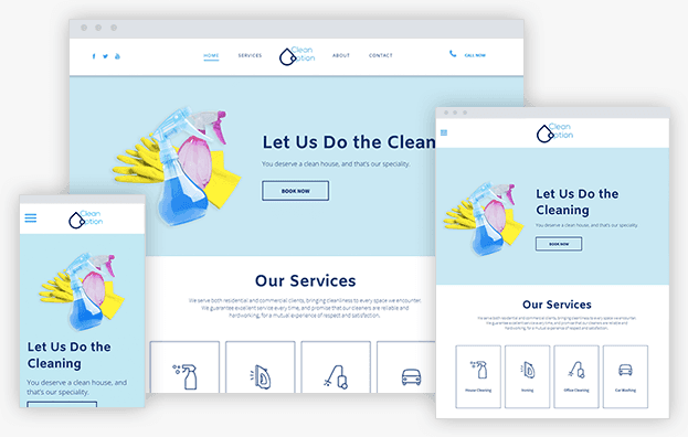 A cleaning company website is displayed on a computer , tablet , and phone.