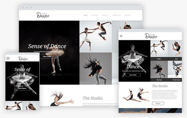 A website for a dance studio is displayed on a computer , tablet , and phone.