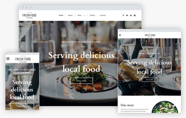 A website for a restaurant called fresh food is displayed on a computer , tablet , and phone.