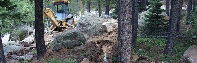 A yellow backhoe in a forest is moving a large boulder. Brown soil and trees surround it.