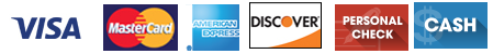Logos for accepted payment methods: Visa, Mastercard, American Express, Discover, Personal Check, and Cash.