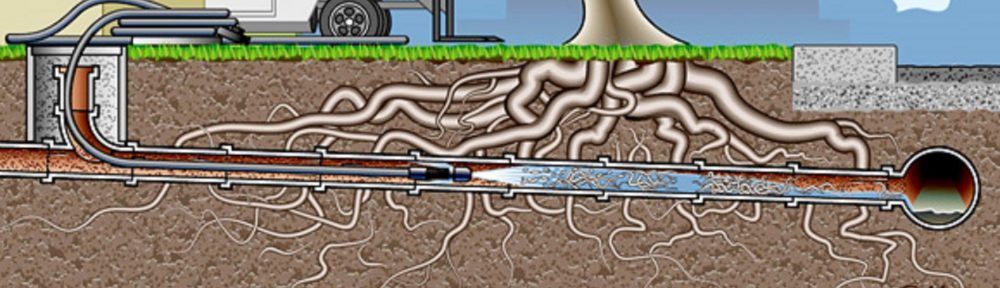 Illustration showing pipe repair process, with a high-pressure jet cleaning roots from sewer line.