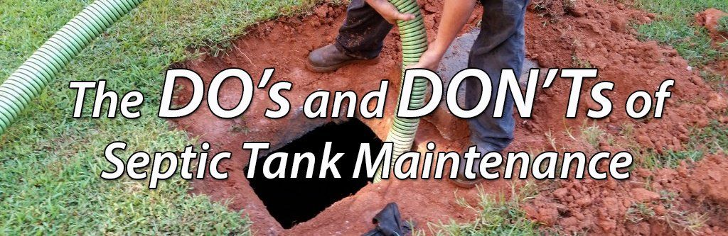 People near an open septic tank, with text overlay: