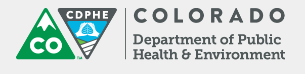 Logo of Colorado Department of Public Health & Environment; green mountain and