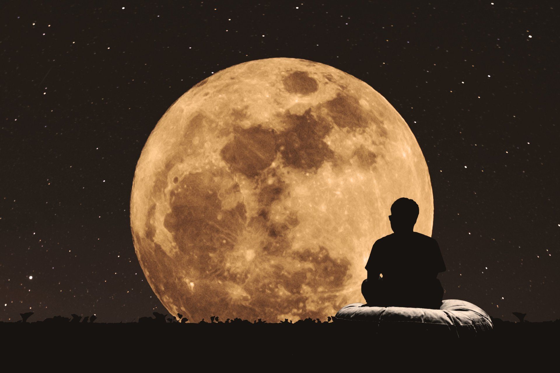 Die Vollmondin Mann sitzt auf Wiese und betrachtet Sternenhimmel mit Mond