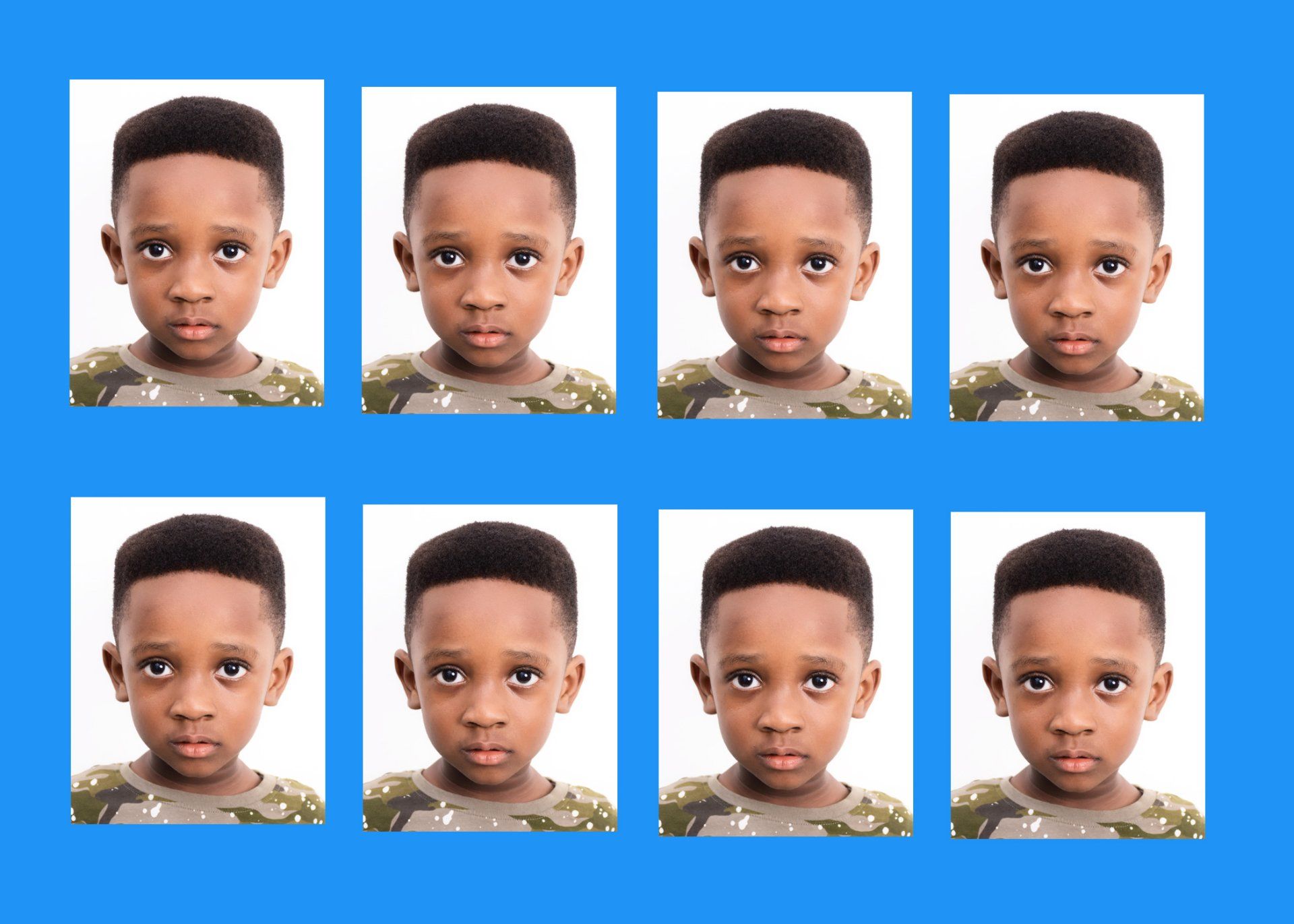 A group of passport photos of a young boy on a blue background.