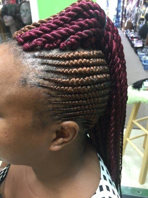 Purple and Blonde Hair Mohawk Bun Braid — Wilmington, DE — Tess African Hair Braiding & Beauty Supply