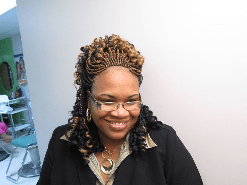Black and Blonde Curly Hair Braide — Wilmington, DE — Tess African Hair Braiding & Beauty Supply