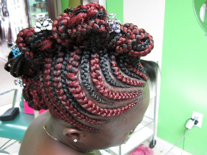 Black and Red Hair Stylish Braid — Wilmington, DE — Tess African Hair Braiding & Beauty Supply