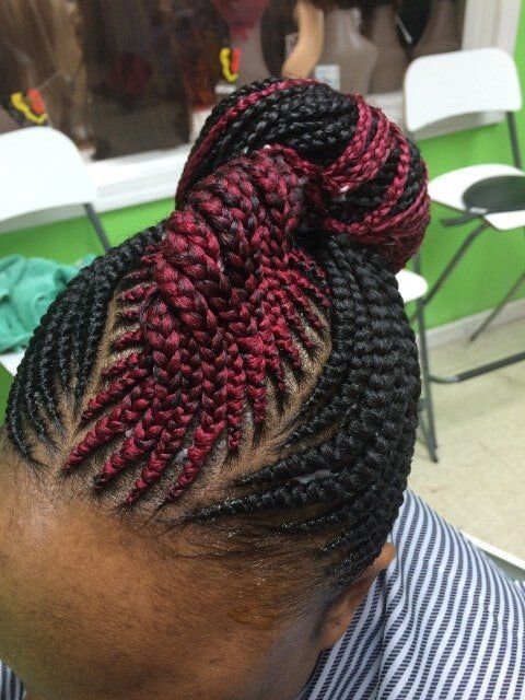 Black and Red Hair Bun Braid — Wilmington, DE — Tess African Hair Braiding & Beauty Supply