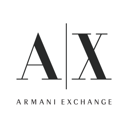 A black and white logo for armani exchange on a white background.