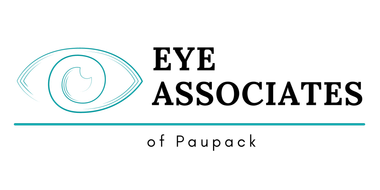 The logo for eye associates of paupack shows an eye with a swirl around it.