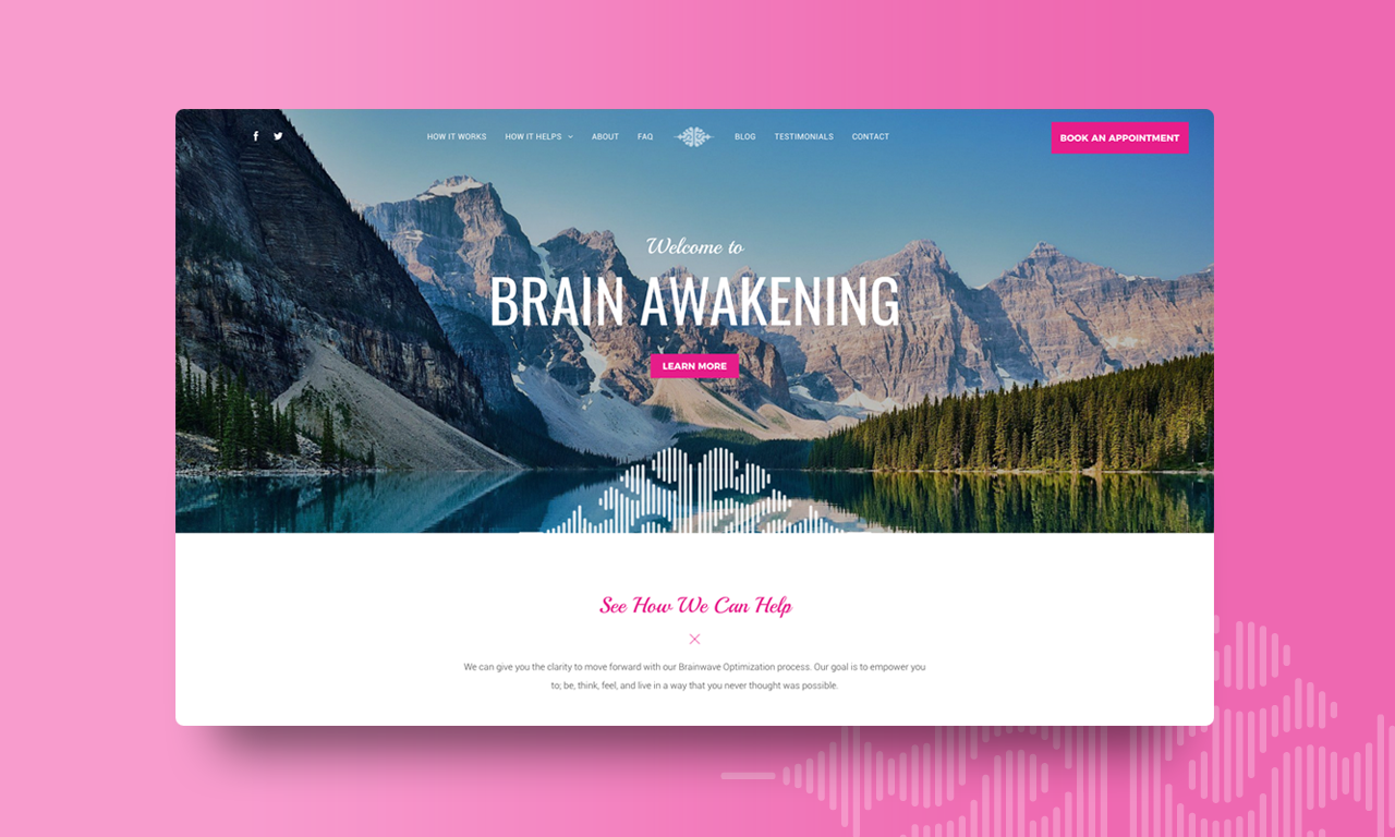 A screenshot of a website for brain awakening with mountains in the background.