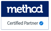 A blue and white method certified partner logo on a white background.