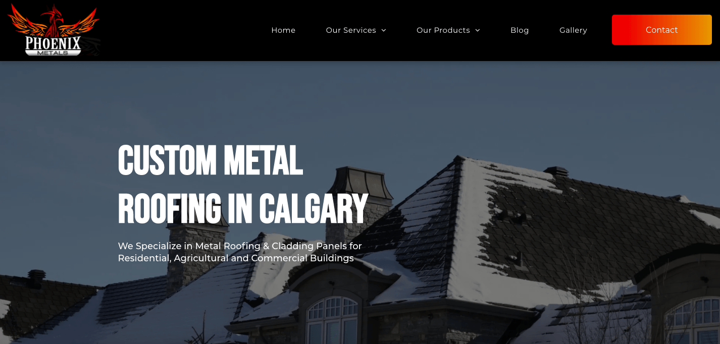 A screenshot of a website for custom metal roofing in calgary.