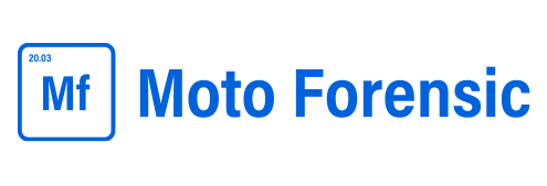 A blue logo for moto forensic on a white background.