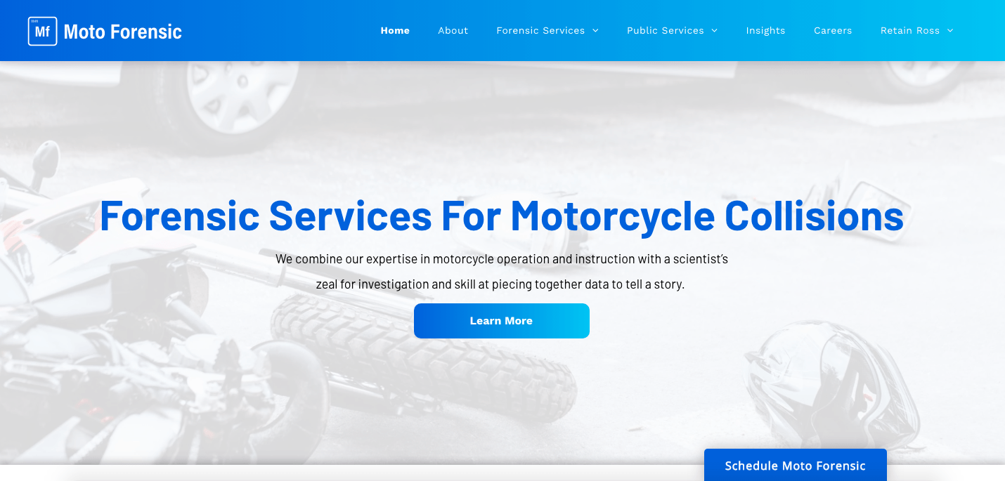 The homepage of a website offering forensic services for motorcycle collisions.