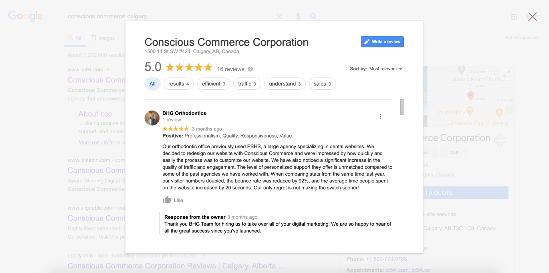 A google review is displayed on a computer screen.