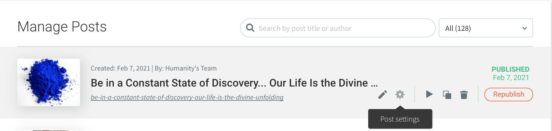 A screenshot of a website that says manage posts