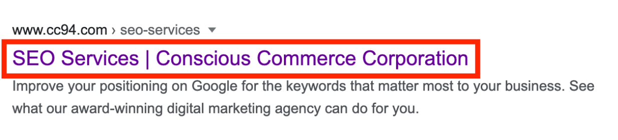 A screenshot of a website that says seo services conscious commerce corporation