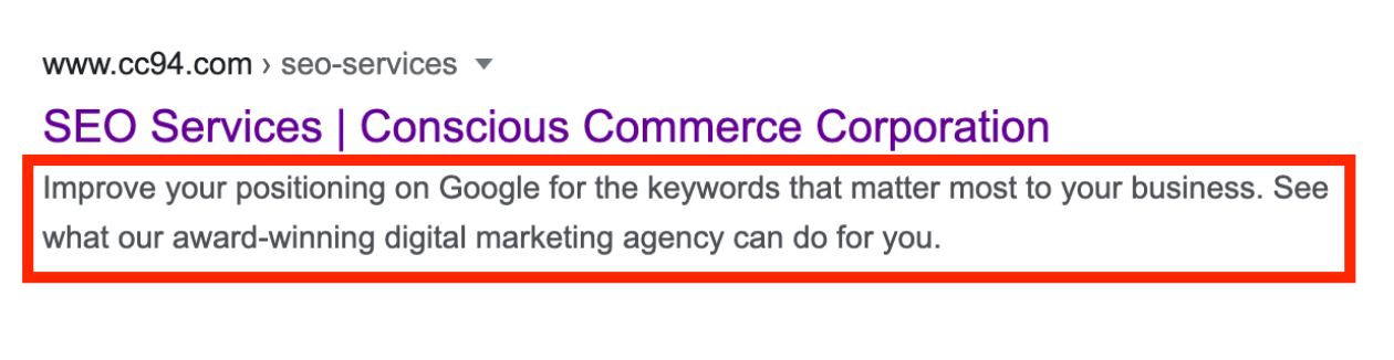 A google search page for seo services by conscious commerce corporation