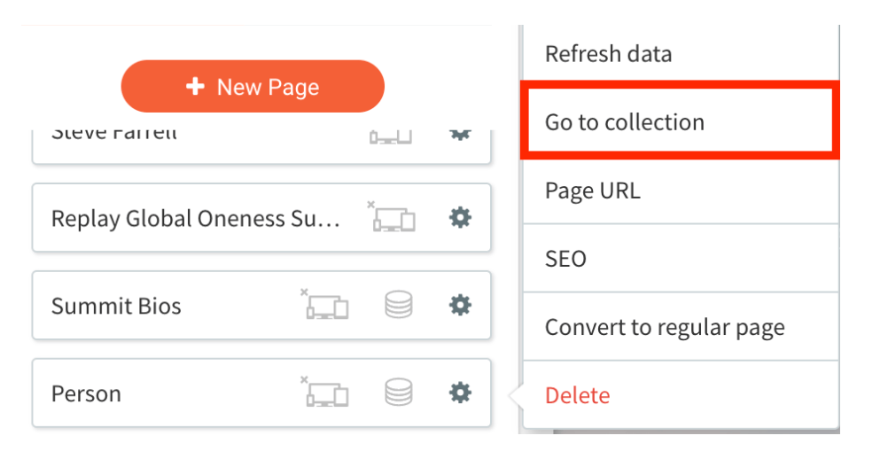 A screenshot of a website with a new page button and a go to collection button.