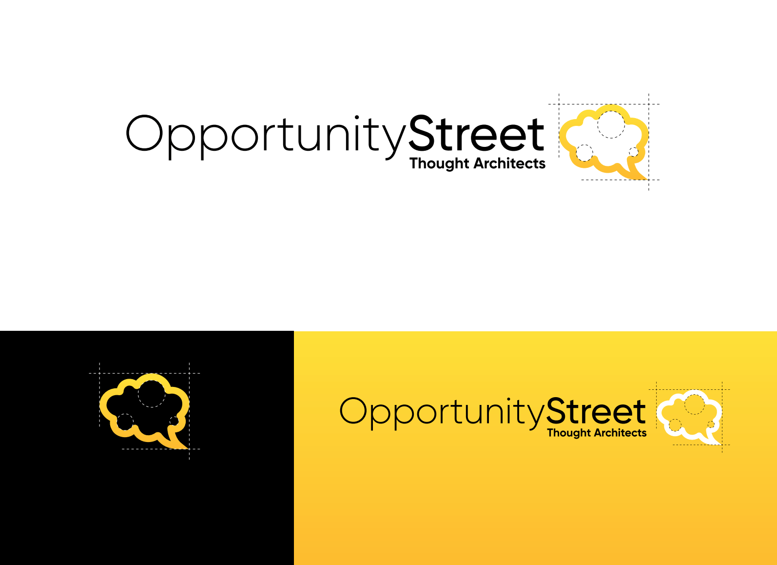 A yellow and black logo for opportunity street with a speech bubble.