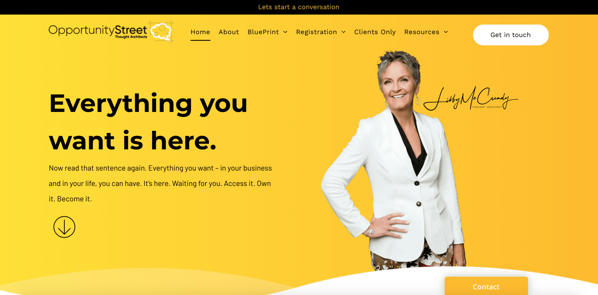 A woman is standing in front of a yellow background with the words `` everything you want is here ''.