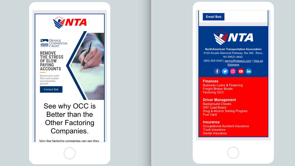Two cell phones , one of which is displaying an advertisement for nta.