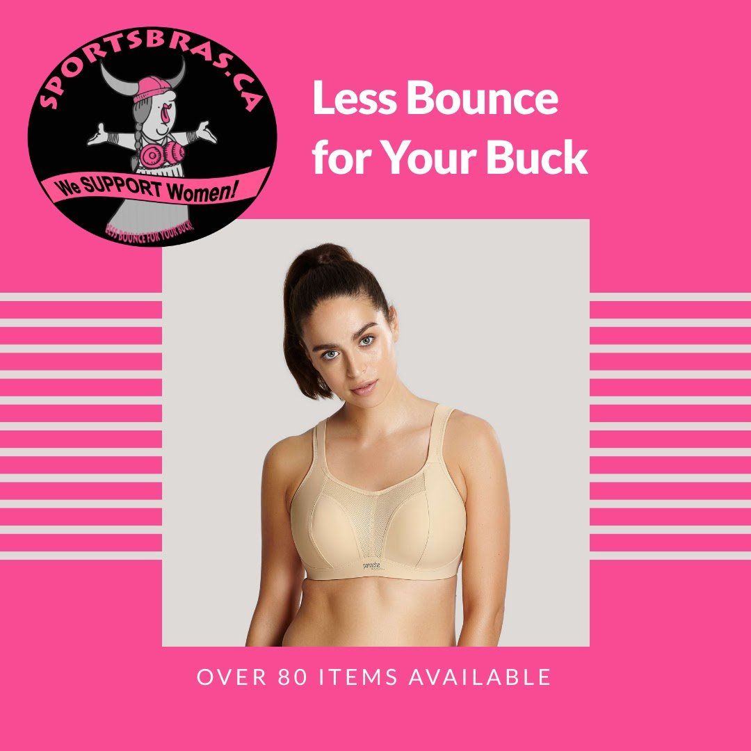 A woman is wearing a sports bra with less bounce for your buck.
