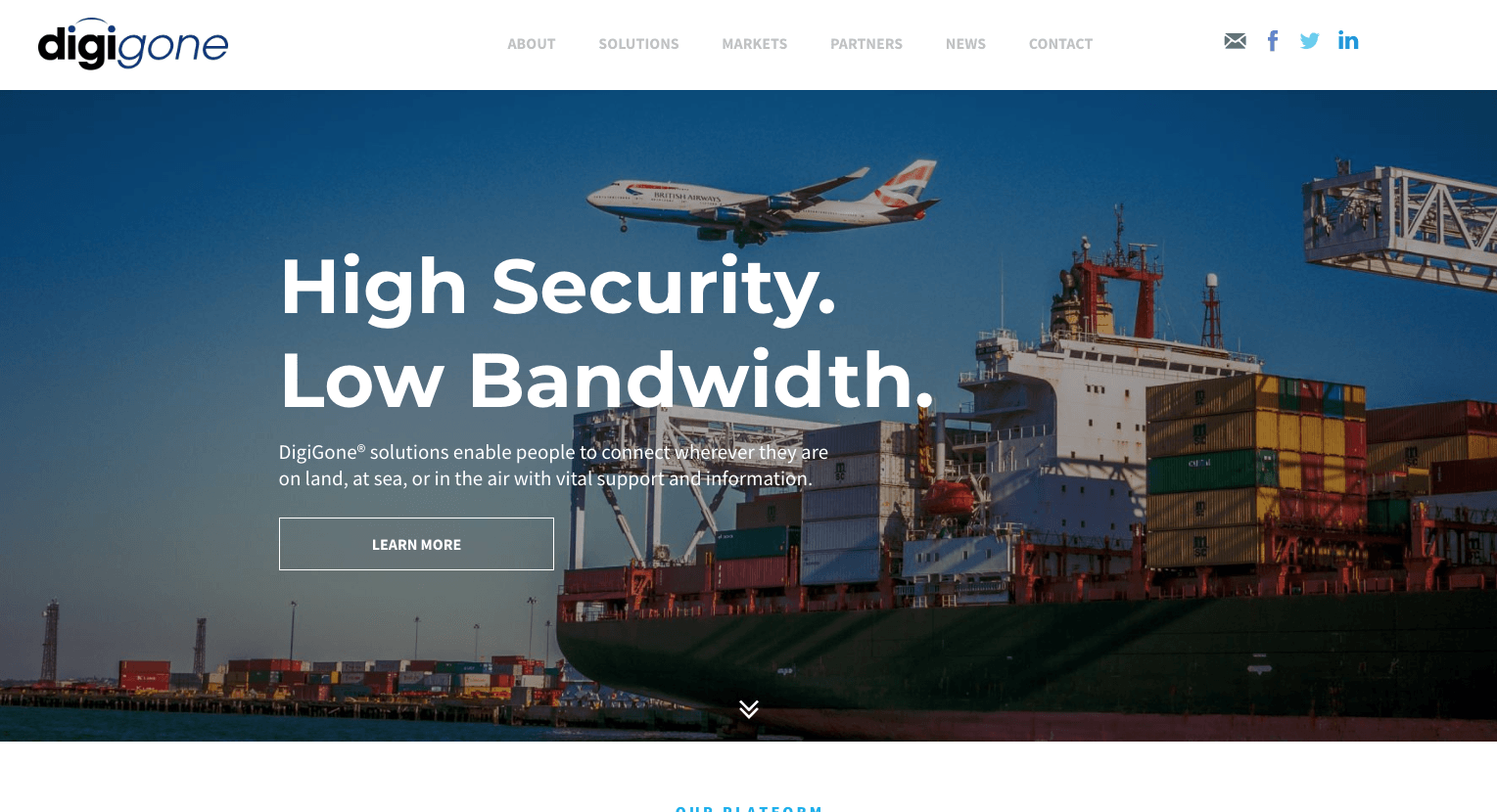 A screenshot of a website advertising high security , low bandwidth.