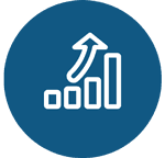 A graph with an arrow pointing up in a blue circle.