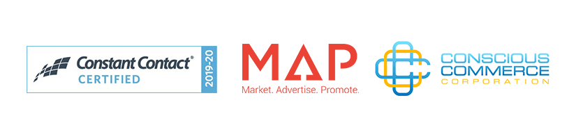 A logo for constant contact map and conscious commerce corporation