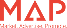 A red map logo that says market advertise promote