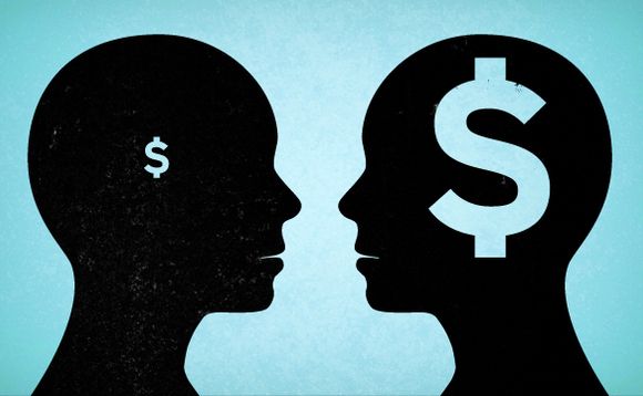 Two heads with a dollar sign on them are looking at each other