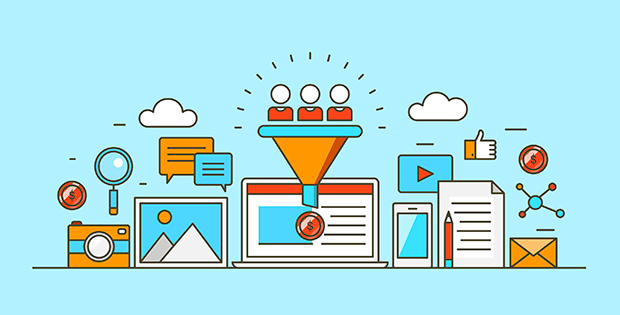 A line drawing of a funnel with people coming out of it surrounded by icons.