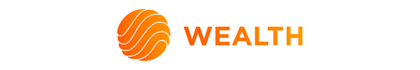 A logo for wealth with an orange ball in the middle