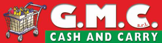 Logo di GMC Cash and Carry con un carrello della spesa su sfondo rosso.
