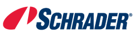Schrader logo: red and white swoosh and dark blue text